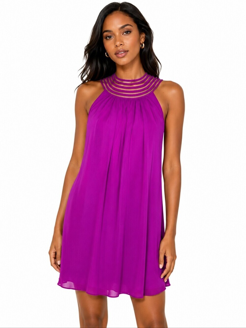 Trina Turk Fuchsia Mesh Yoke Shift Mini Dress Pink Purple Cocktail